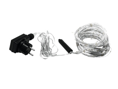 Luzes de cordão transparentes com ficha preta e cabo enrolado