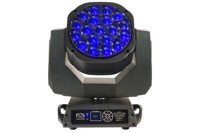 Luz LED profissional preta com múltiplos LEDs azuis em círculo e display digital