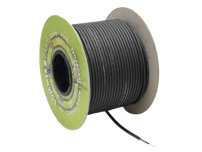 Carretel de cabo elétrico preto com rótulo verde BONSAI CABLE