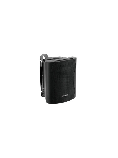 Coluna de som preta com suporte metálico