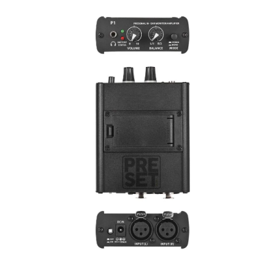 Aparelho eletrônico preto PRESET com botões e entradas XLR em fundo branco
