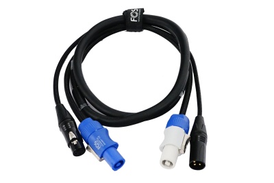 Cabo de áudio preto com conectores Speakon e XLR
