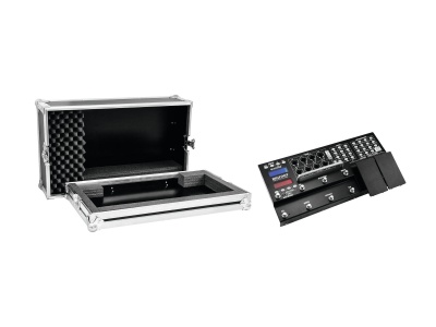 Pedaleira de guitarra preta com múltiplos botões e mala de transporte preta com espuma interna