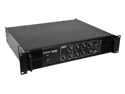 Amplificador preto MP400 com botões e interruptor no painel frontal