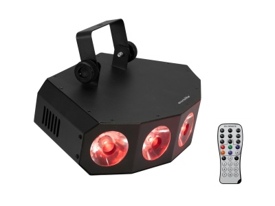 Iluminação de festa preta com três luzes vermelhas e comando remoto