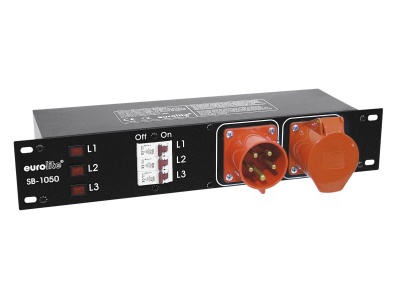 Painel elétrico com indicadores LED, disjuntor e tomadas industriais laranja