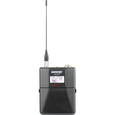 Transmissor sem fios Shure preto com antena e etiqueta