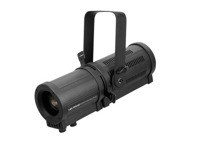 Projetor de iluminação teatral preto cilíndrico com suporte ajustável