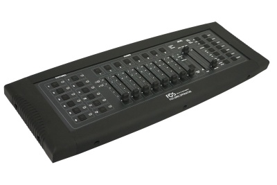 Mesa de controlo de luz preta com botões e faders