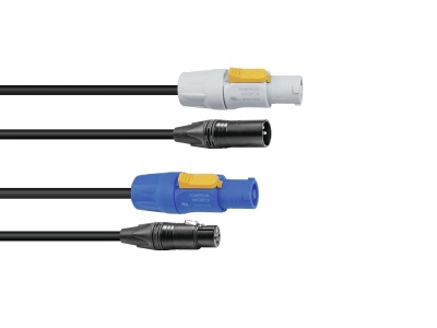 Cabos de áudio com conectores Speakon branco e azul e XLR preto