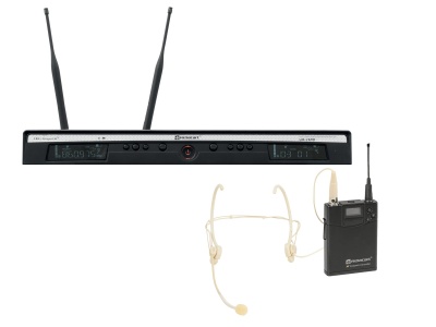 conjunto de microfone sem fios preto RodeLink com antenas, unidade de transmissão e microfone de cabeça bege