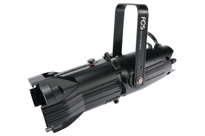 Projetor de luz cênica preto com suporte articulado em fundo branco