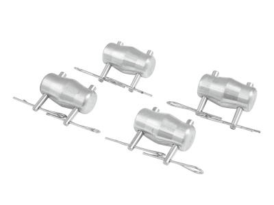 Quatro parafusos metálicos cilíndricos com alavancas em fundo branco