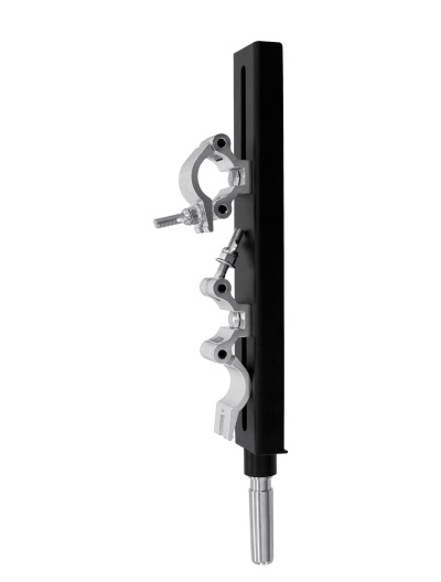 Suporte metálico preto com grampos prateados e eixo cilíndrico