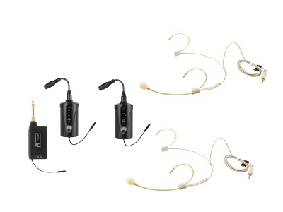 Microfones sem fios com microfones headset bege e unidades transmissor/receptor pretas