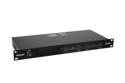 Amplificador de áudio preto Alesis RA 150 com quatro botões de controle e grelha frontal