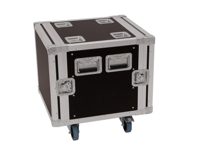 Caixa de transporte preta com bordas metálicas e rodas azuis