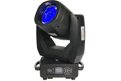 Dispositivo de iluminação tipo moving head preto com lente azul sobre superfície branca