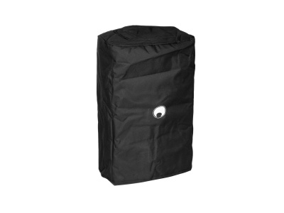 Bolsa preta retangular de tecido com orifício circular branco.