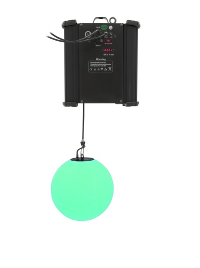 Dispositivo com esfera luminosa verde e unidade preta com botões e etiquetas