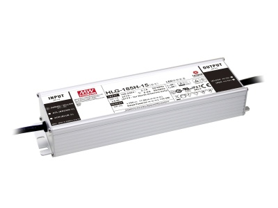 Transformador de luz LED da marca Mean Well modelo HLG-185H-15 prateado com etiquetas e cabos pretos
