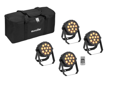 Conjunto de quatro luzes de palco LED pretas, controle remoto e bolsa de transporte preta Eurolite