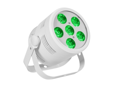 Refletor circular branco com seis LEDs verdes e suporte metálico.