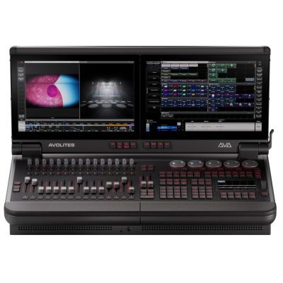 Consola de controle AVOLITES AVA com dois ecrãs digitais e controlos físicos