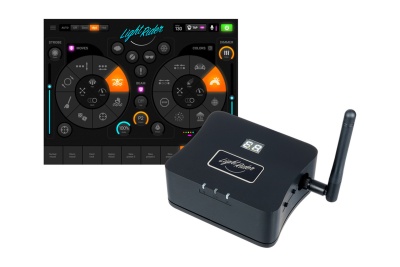 dispositivo electrónico preto com antena e interface digital colorida