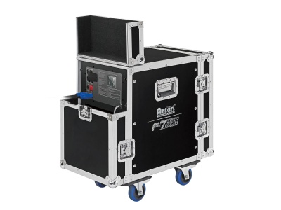 Carrinho de transporte preto com rodas azuis e fechos metálicos