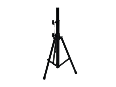 Suporte trípode de metal preto para equipamento, com pernas e porcas de aperto
