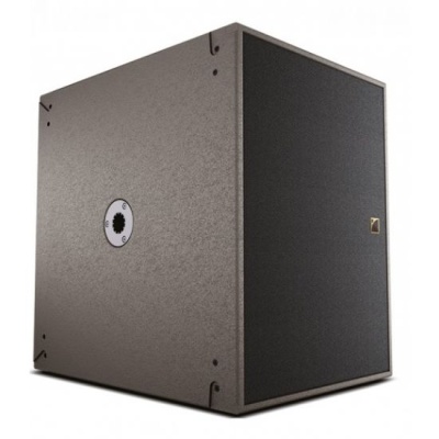 Caixa de som preta com estrutura metálica cinza