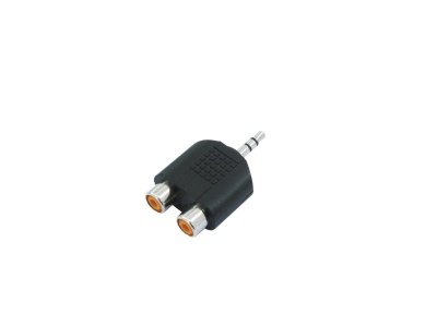 Adaptador jack 3,5 mm para duas tomadas RCA femininas preto em fundo branco