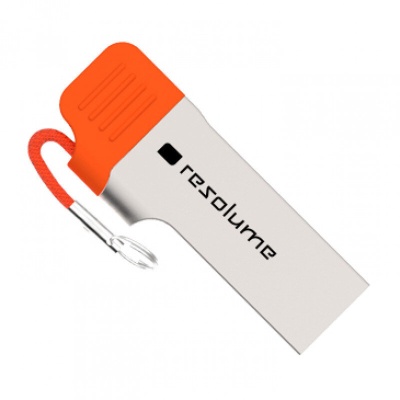 Pen USB metálico prateado com tampa laranja e texto ripsolume