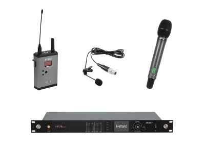 Equipamento de áudio profissional com microfone de mão, microfone de lapela com transmissor e amplificador recetor