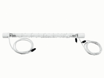 Tubo de vidro com resistência interna e cabos brancos em fundo branco