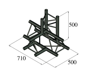 Estrutura metálica preta com tubos cilíndricos e dimensões 710x500x500 mm