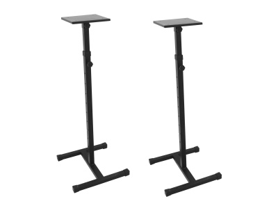 Suportes pretos ajustáveis para equipamento musical.