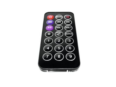 Comando remoto preto com vários botões brancos e texto funcional