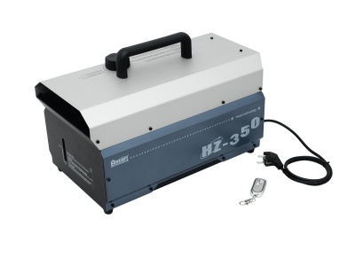 Máquina de fumos metálica cinza e preta com alça, cabo e controlo remoto