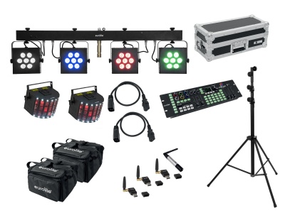 Equipamento de iluminação e som profissional composto por luzes LED coloridas, controlador, cabos, bolsa de transporte e tripé
