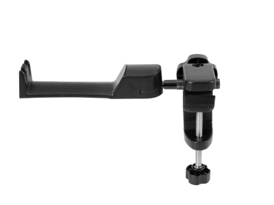 Suporte de metal e plástico preto com fecho de aperto ajustável