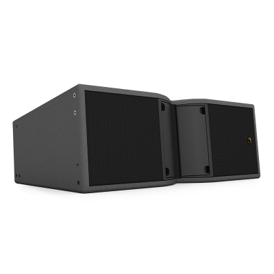 Colunas de som pretas retangulares com grelha frontal em tecido