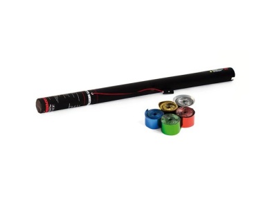 Vara de pesca preta com carretéis coloridos