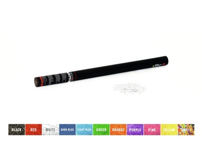 tubo preto cilíndrico com pedaços de papel branco ao lado