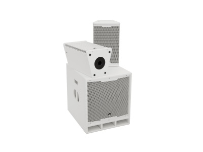 Colunas de som brancas com grelha cinza