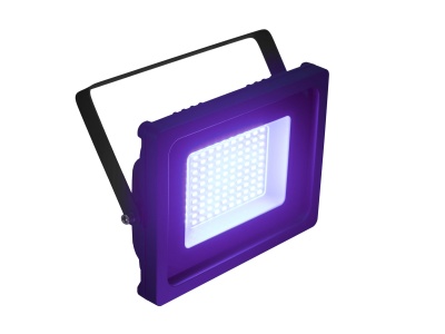 Refletor LED quadrado roxo com suporte metálico e luz branca