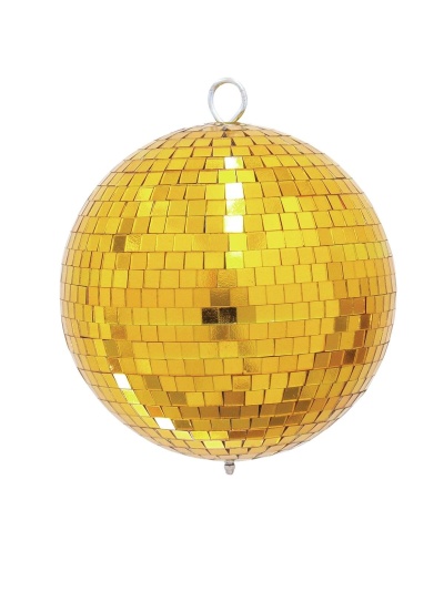 Globo espelhado dourado com suporte metálico num fundo branco