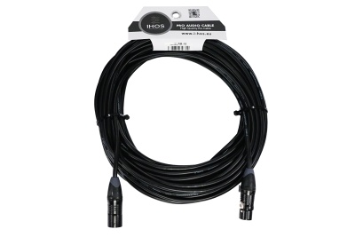 Cabo de áudio profissional preto com conectores XLR e etiqueta IHOS PRO AUDIO CABLE