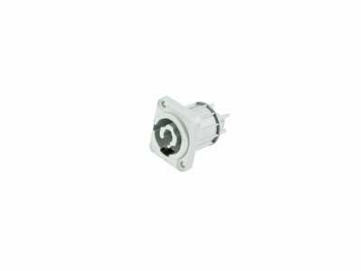 Conector elétrico branco com três orifícios circulares e base quadrada